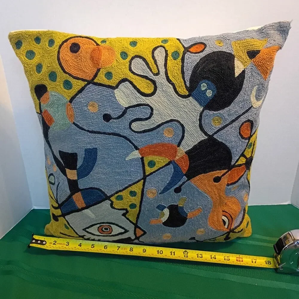 Miro Style Crewel Embroidery Cushion Cover Abstract Mid Century Modern Accent